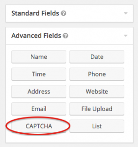 Screenshot of add CAPTCHA field button